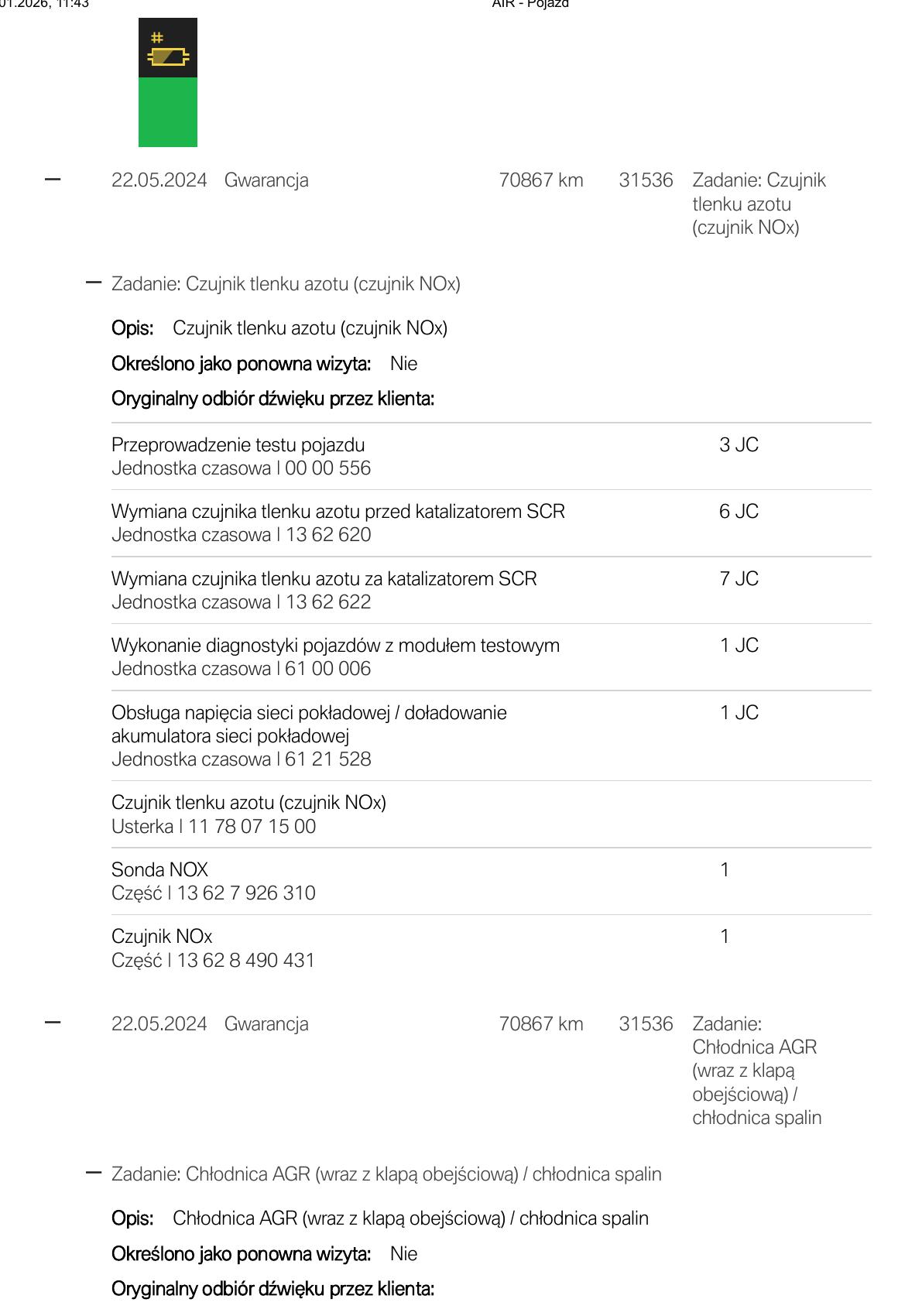 Zanonimizowany fragment raportu BMW z wymianą czujników NOx i chłodnicy EGR